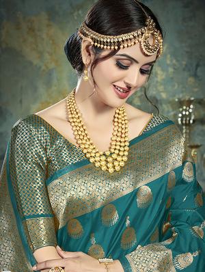 turquoise silk banarasi saree with blouse - 16301754 - Standard Image - 2