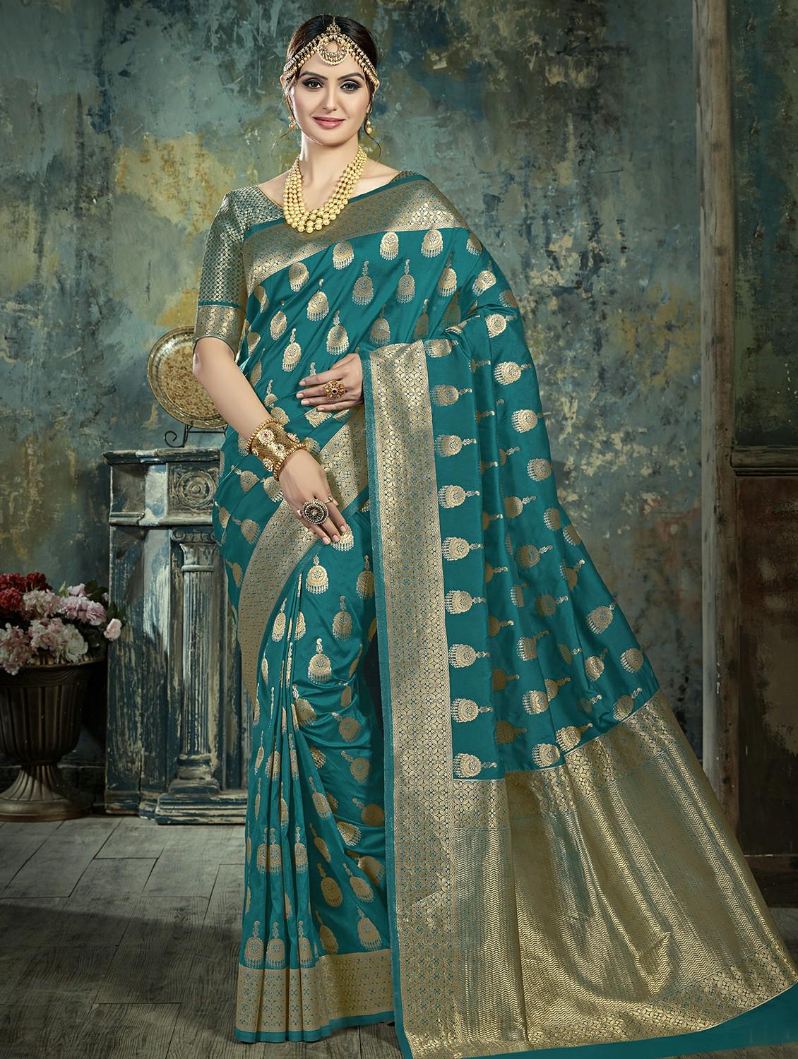 turquoise silk banarasi saree with blouse - 16301754 - Zoom Image - 1
