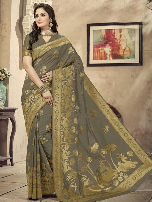 floral banarasi saree with blouse - 16301780 - Very Small Image - 1
