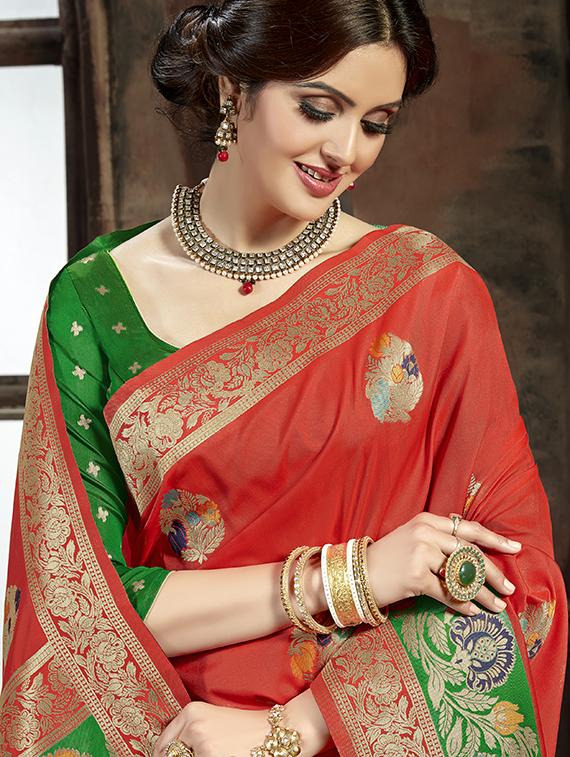 floral woven saree with blouse - 16301811 - Zoom Image - 2