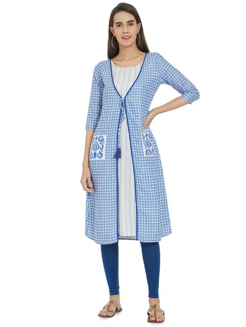 striped straight kurta with printed jacket - 16304778 - Standard Image - 1