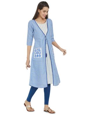 striped straight kurta with printed jacket - 16304778 - Standard Image - 2