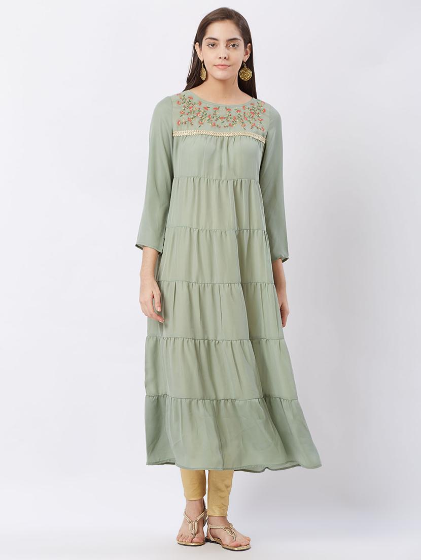 embroidered tiered flared kurta - 16304781 - Zoom Image - 1