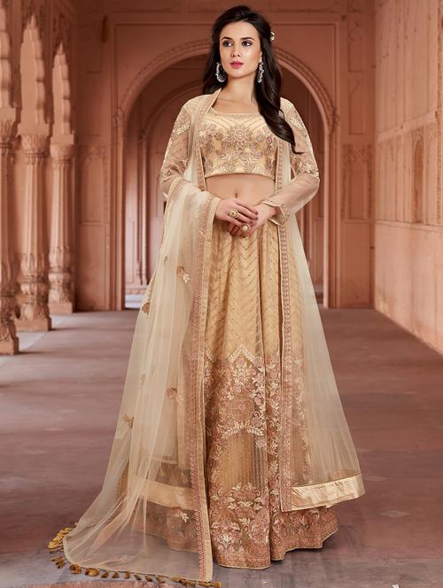 beige net kurtaskirt semistitched suit - 16308086 - Very Small Image - 1