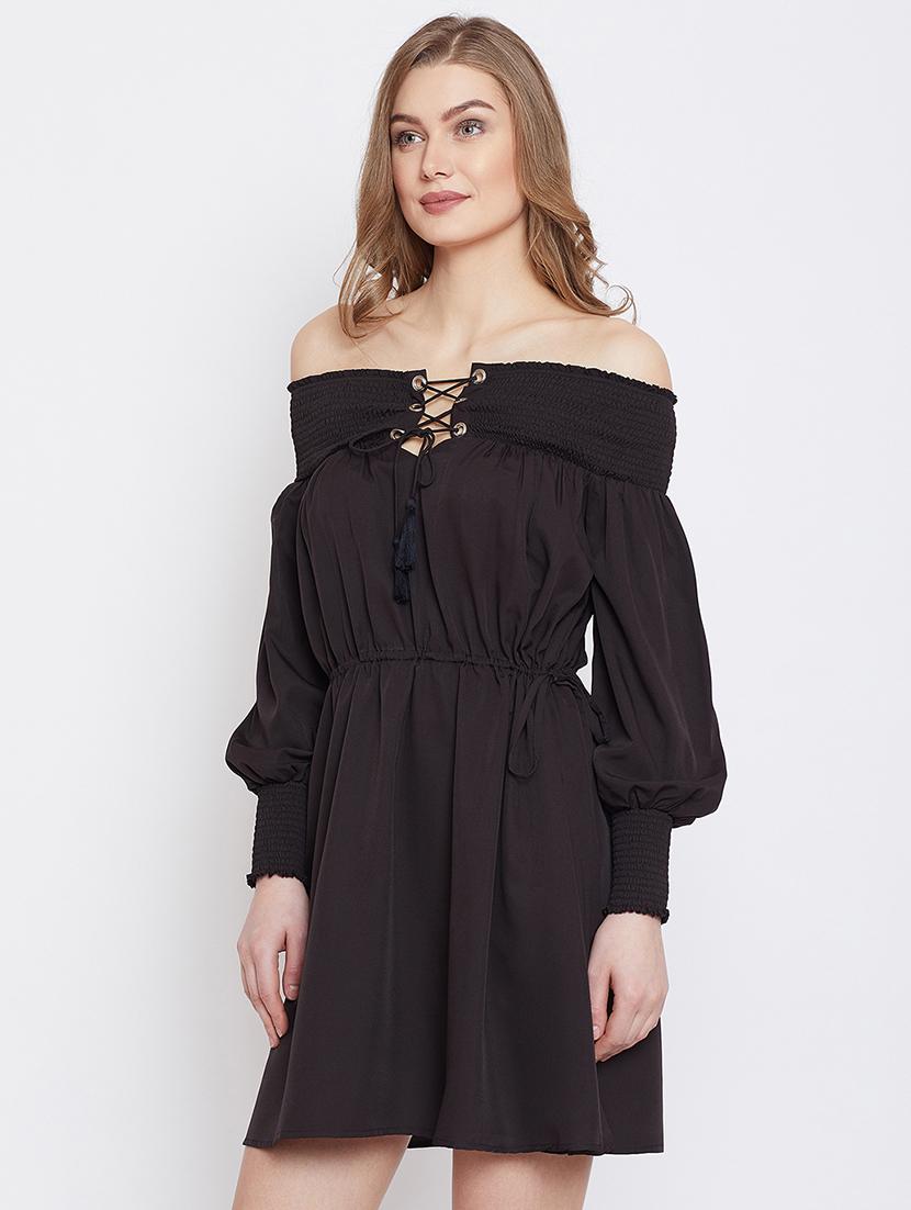 lace up detail off shoulder a-line dress - 16308819 - Zoom Image - 1