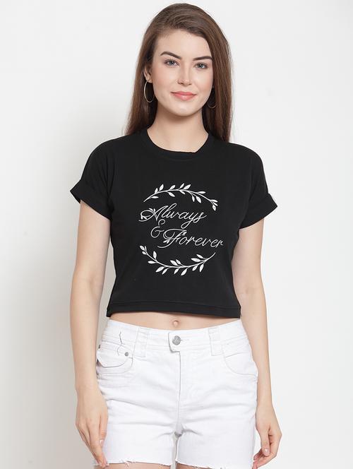 turn up sleeved graphic print crop top - 16310246 - Standard Image - 1