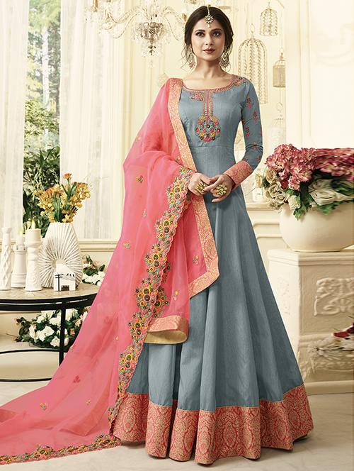 embroidered semi-stitched anarkali suit - 16311446 - Standard Image - 1