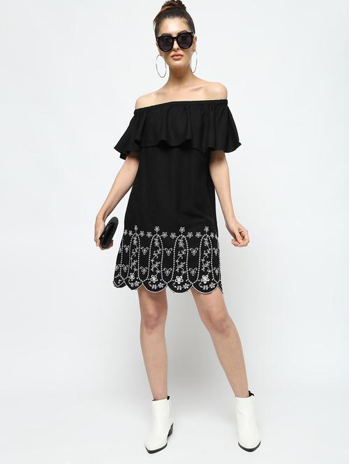 scallop hem off shoulder sheath dress - 16311649 - Standard Image - 1