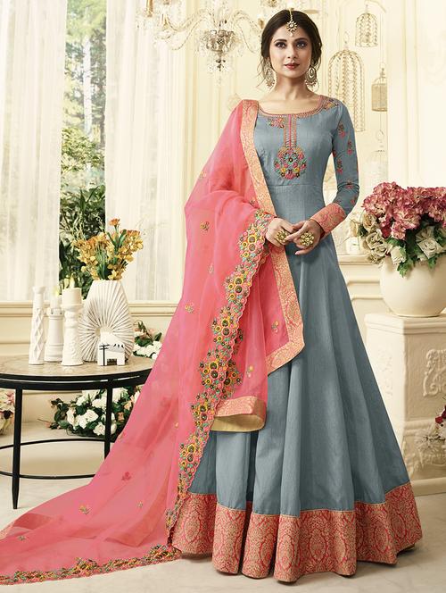 embroidered semi-stitched anarkali suit - 16312337 - Standard Image - 1