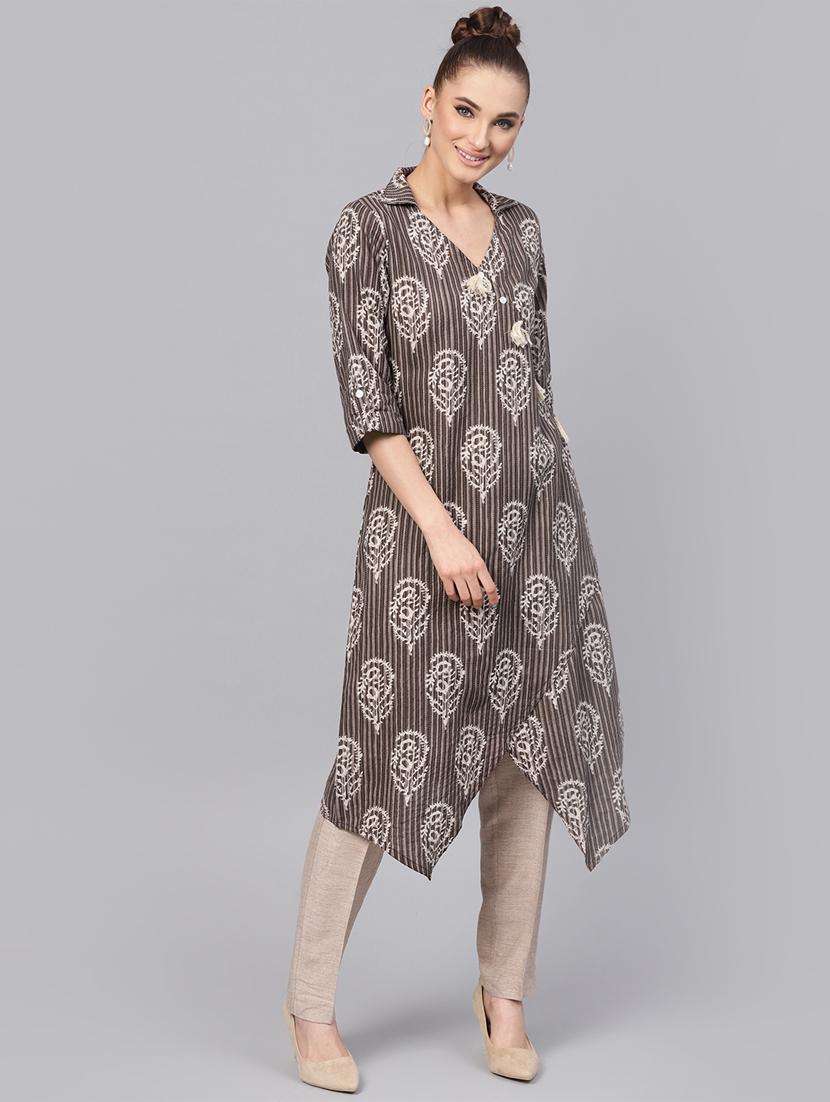 block print asymmetric kurta - 16313944 - Zoom Image - 1
