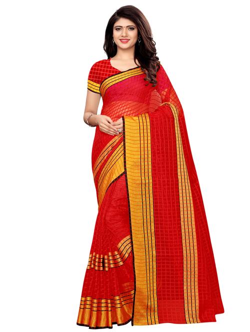 checkered zari motif woven saree with blouse - 16314731 - Very Small Image - 1