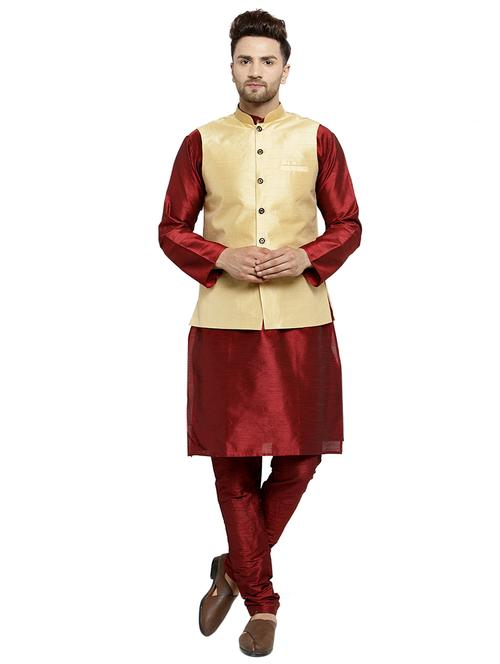 maroon silk blend kurta pyjama set with nehru jacket - 16315899 - Very Small Image - 1