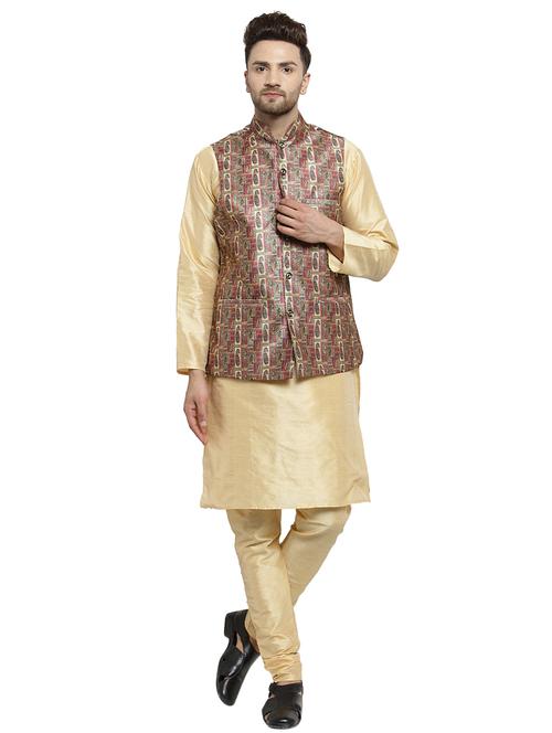 gold silk blend kurta pyjama set with nehru jacket - 16315922 - Standard Image - 1