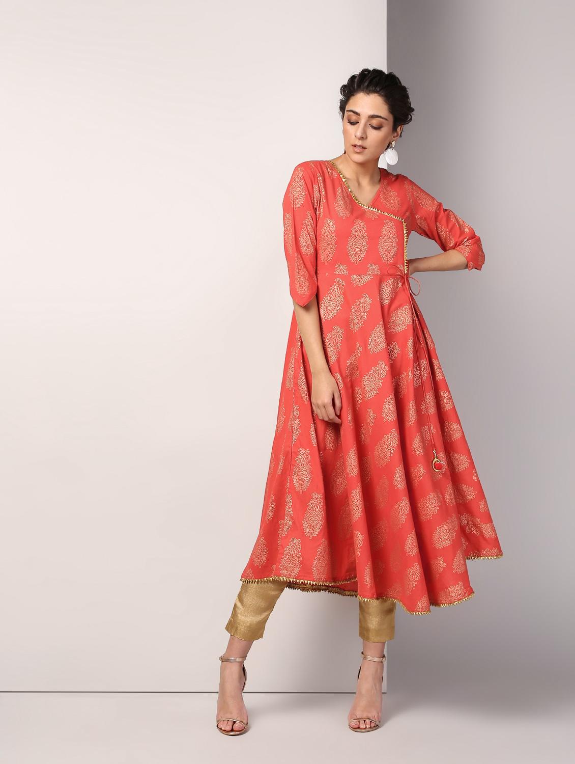 block printed angrakha kurta - 16317130 - Zoom Image - 1