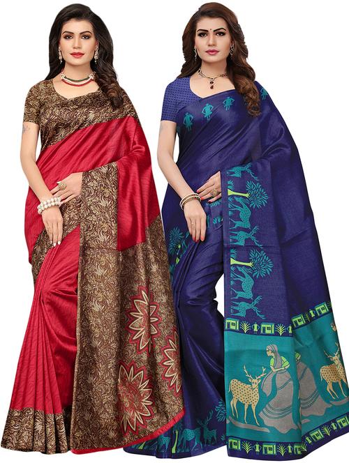 set of 2 multicolor printed saree combo with blouse - 16319622 - Standard Image - 1