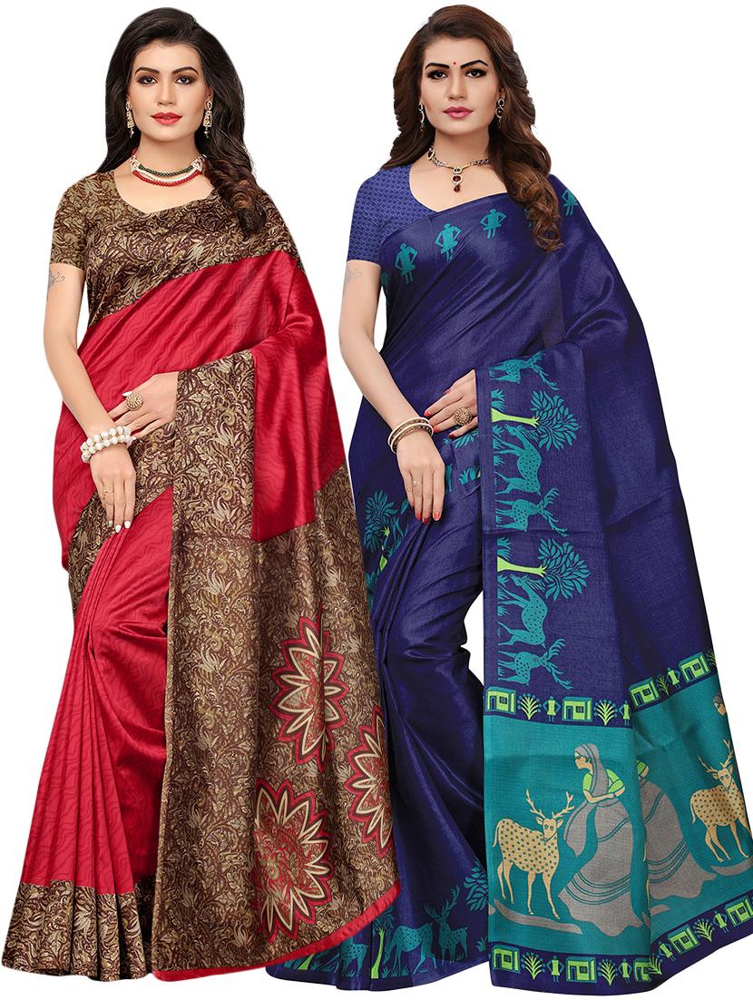 set of 2 multicolor printed saree combo with blouse - 16319622 - Zoom Image - 1
