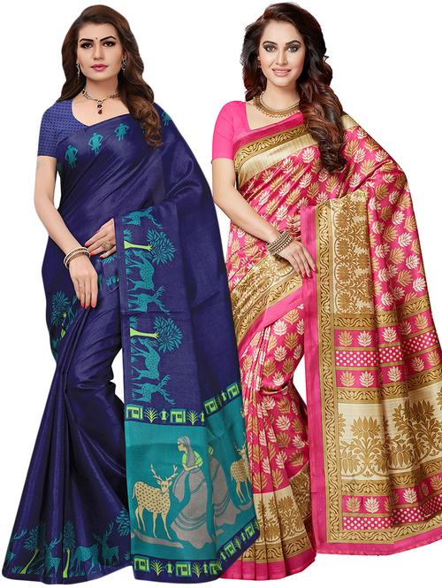 set of 2 multicolor printed saree combo with blouse - 16319623 - Standard Image - 1
