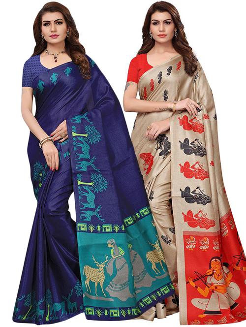 set of 2 multicolor printed saree combo with blouse - 16319624 - Standard Image - 1