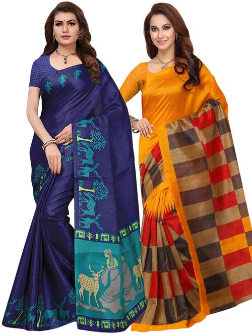 set of 2 multicolor printed saree combo with blouse - 16319625 - Standard Image - 1