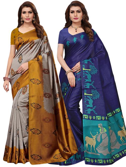 set of 2 multicolor printed saree combo with blouse - 16319627 - Standard Image - 1