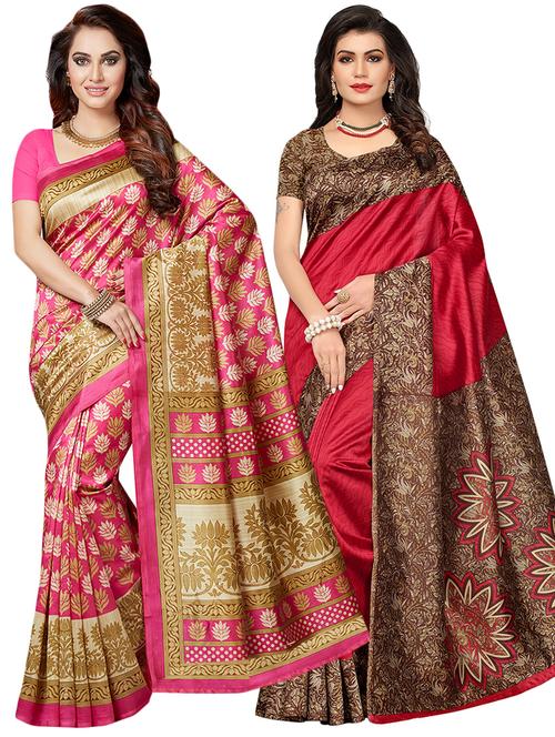 set of 2 multicolor printed saree combo with blouse - 16319628 - Standard Image - 1
