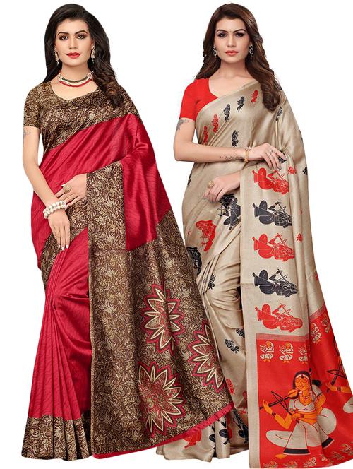 set of 2 multicolor printed saree combo with blouse - 16319629 - Standard Image - 1
