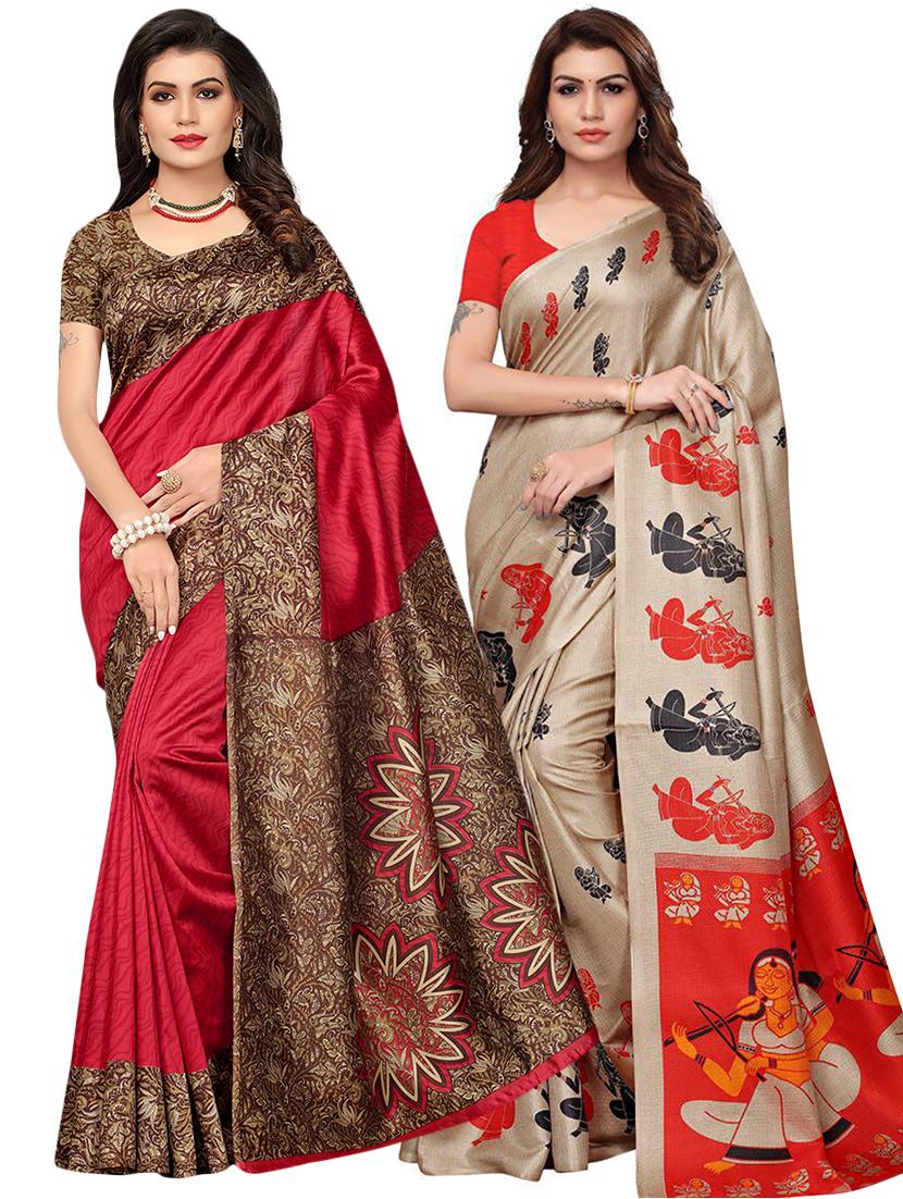 set of 2 multicolor printed saree combo with blouse - 16319629 - Zoom Image - 1