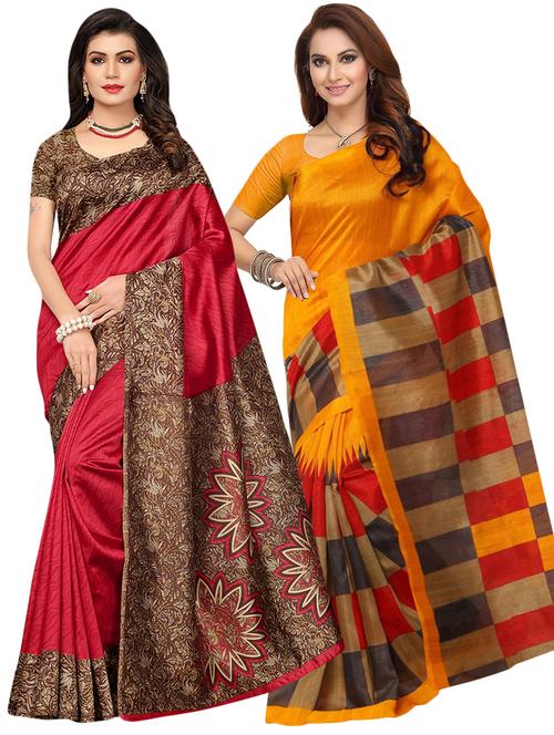 set of 2 multicolor printed saree combo with blouse - 16319630 - Standard Image - 1