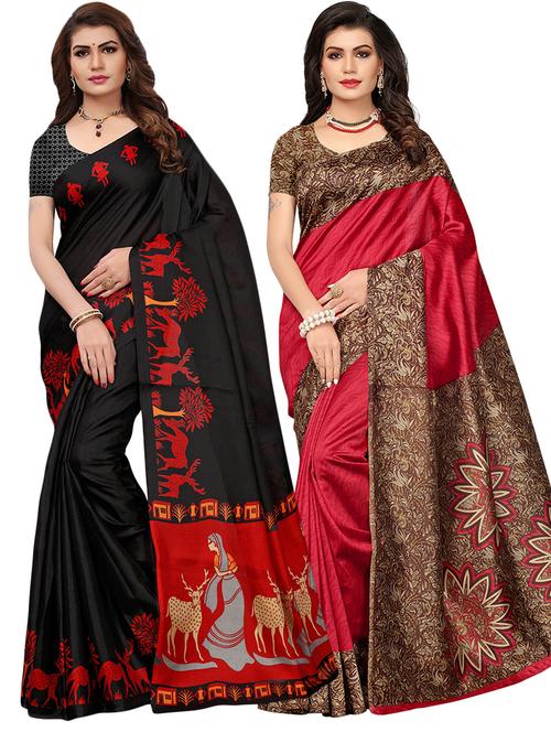 set of 2 multicolor printed saree combo with blouse - 16319631 - Standard Image - 1