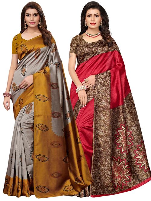 set of 2 multicolor printed saree combo with blouse - 16319632 - Standard Image - 1