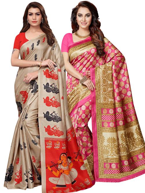set of 2 multicolor printed saree combo with blouse - 16319633 - Standard Image - 1