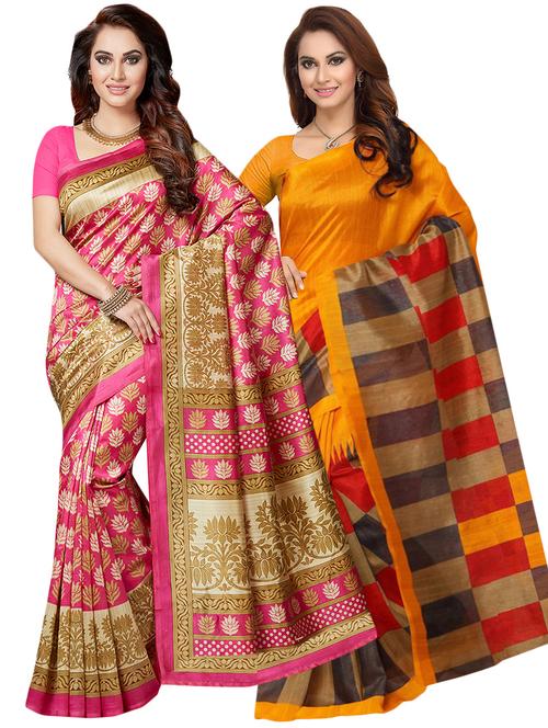 set of 2 multicolor printed saree combo with blouse - 16319634 - Standard Image - 1