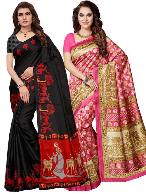 set of 2 multicolor printed saree combo with blouse - 16319635 - Standard Image - 1