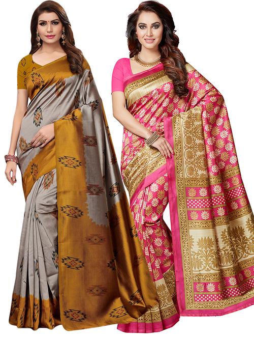 set of 2 multicolor printed saree combo with blouse - 16319636 - Standard Image - 1