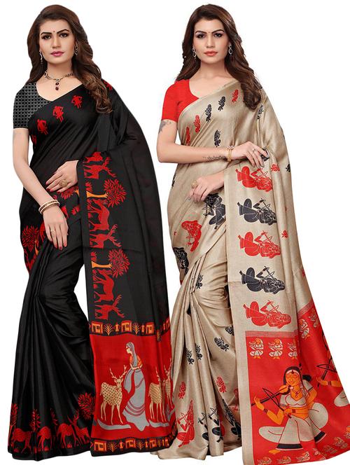 set of 2 multicolor printed saree combo with blouse - 16319637 - Standard Image - 1