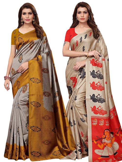 set of 2 multicolor printed saree combo with blouse - 16319638 - Standard Image - 1