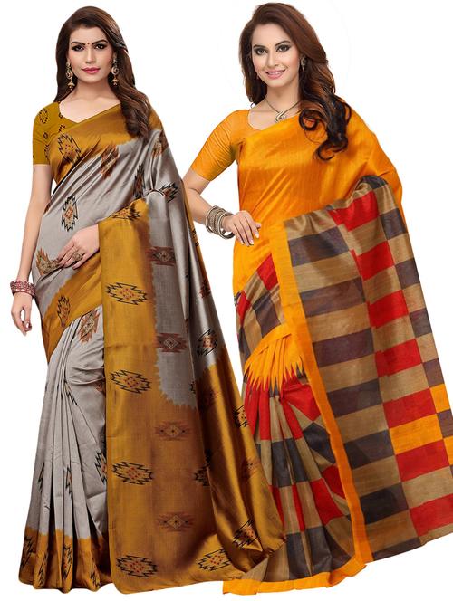 set of 2 multicolor printed saree combo with blouse - 16319640 - Standard Image - 1