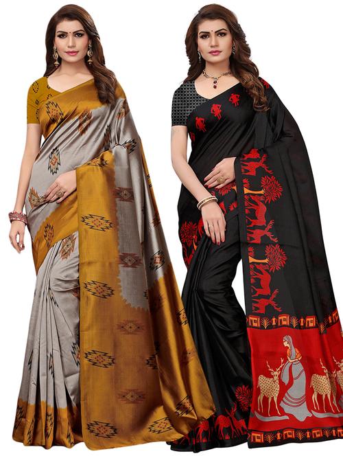 set of 2 multicolor printed saree combo with blouse - 16319641 - Standard Image - 1