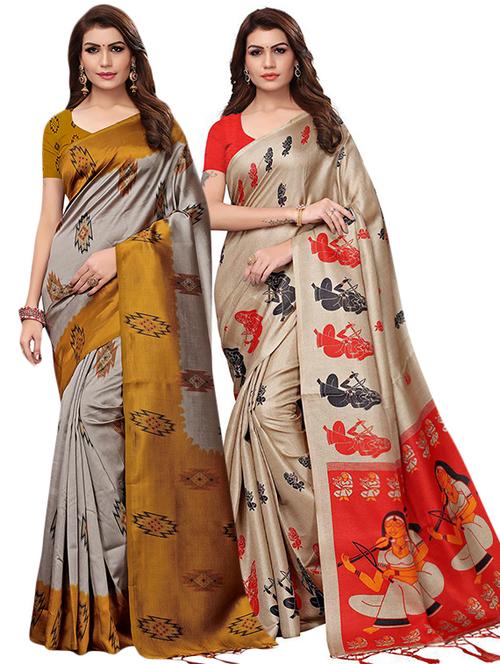 set of 2 multicolor printed saree combo with blouse - 16319763 - Standard Image - 1