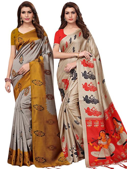 set of 2 multicolor printed saree combo with blouse - 16319764 - Standard Image - 1