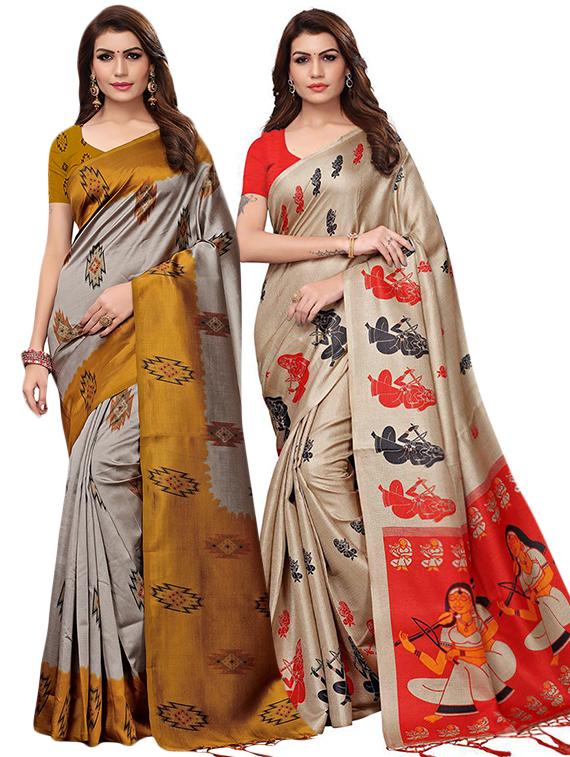 set of 2 multicolor printed saree combo with blouse - 16319764 - Zoom Image - 1