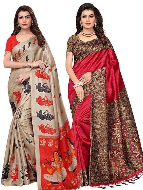 set of 2 multicolor printed saree combo with blouse - 16319765 - Standard Image - 1