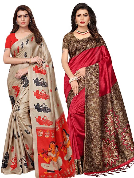 set of 2 multicolor printed saree combo with blouse - 16319765 - Zoom Image - 1