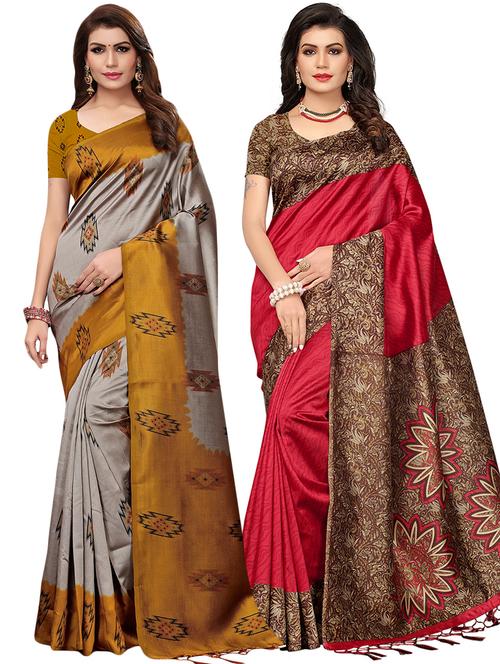 set of 2 multicolor printed saree combo with blouse - 16319766 - Standard Image - 1