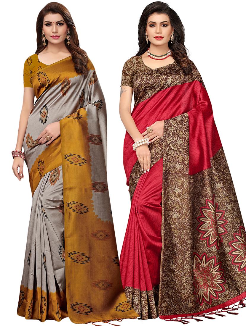set of 2 multicolor printed saree combo with blouse - 16319766 - Zoom Image - 1