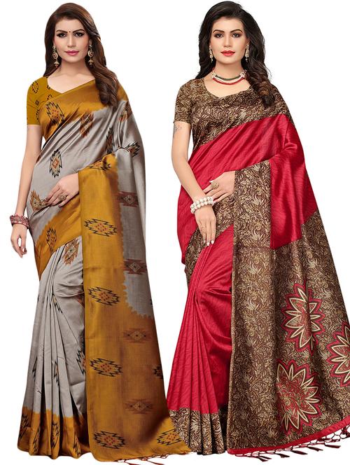 set of 2 multicolor printed saree combo with blouse - 16319767 - Standard Image - 1
