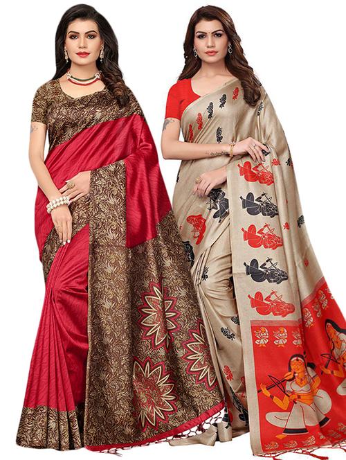 set of 2 multicolor printed saree combo with blouse - 16319768 - Standard Image - 1