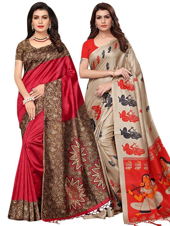 set of 2 multicolor printed saree combo with blouse - 16319768 - Zoom Image - 1