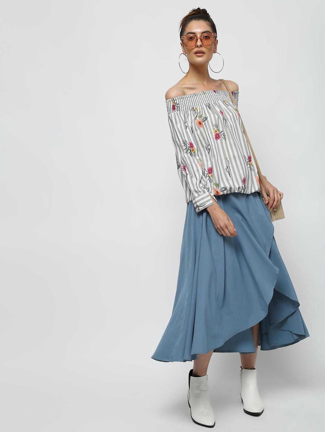 off shoulder striped blouson top - 16320263 - Zoom Image - 1