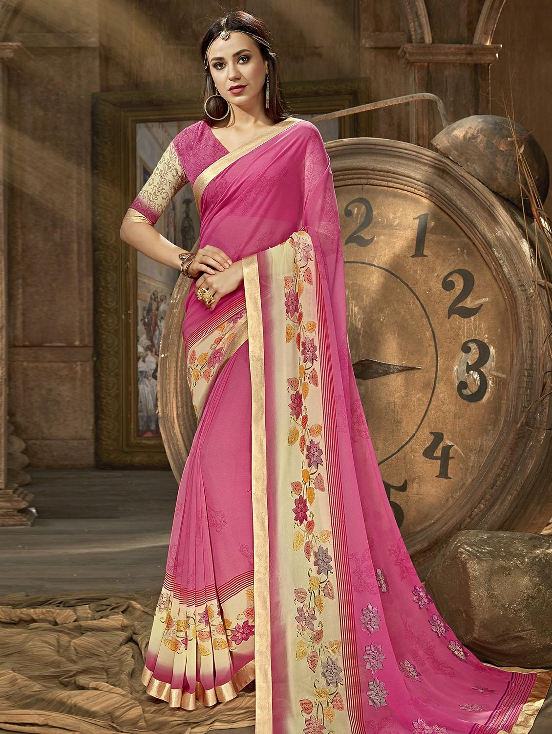 floral printed saree with blouse - 16321621 - Zoom Image - 1